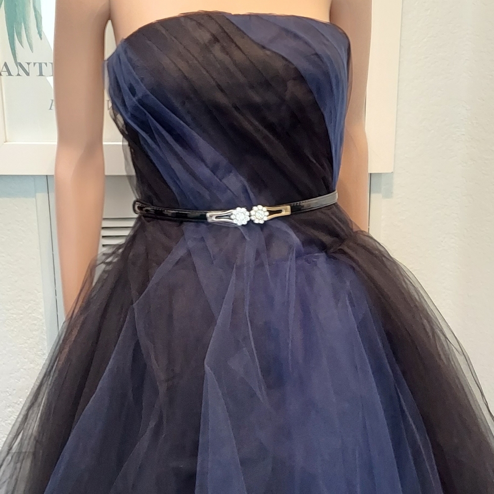 $5,700 OSCAR DE LA RENTA EXCLUS SILK LINED BLUE BLACK TULLE RUNWAY DRESS US 0 - Picture 8 of 13